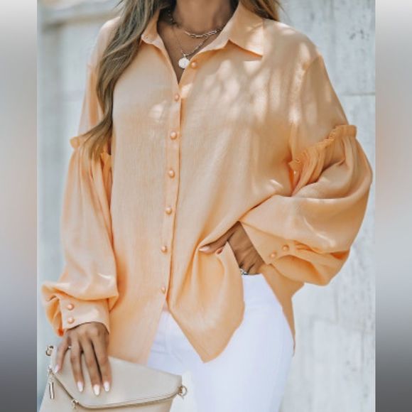 Orange Ruffled Patchwork Bubble Sleeve Oversized Button Down Collared Shirt 💗 - Picture 5 of 7